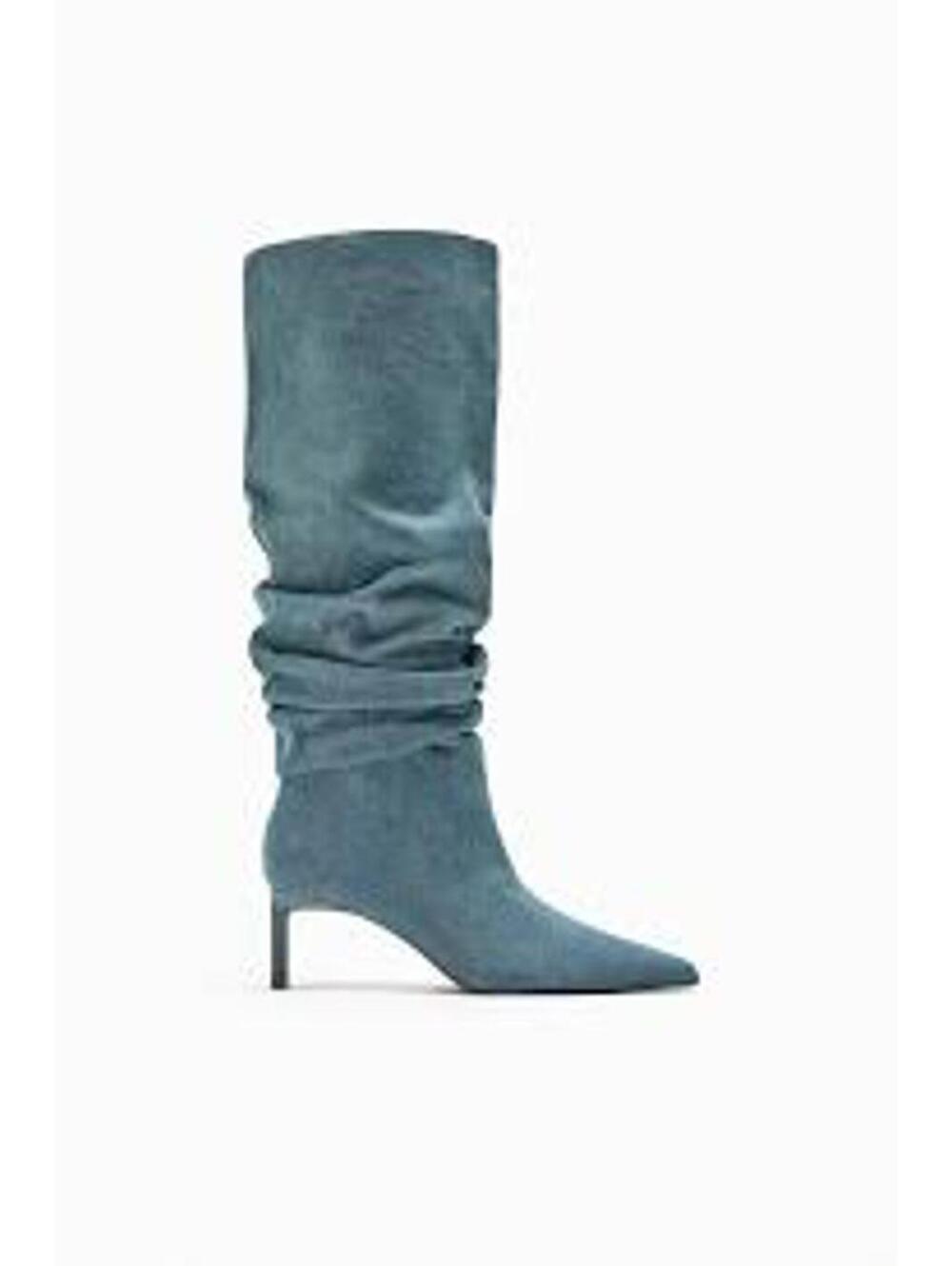 NEW Zara Slouchy Denim Knee High Boots Blue Pointed Toe EU 38 US 7.5